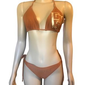 Bronze and gold bikini.